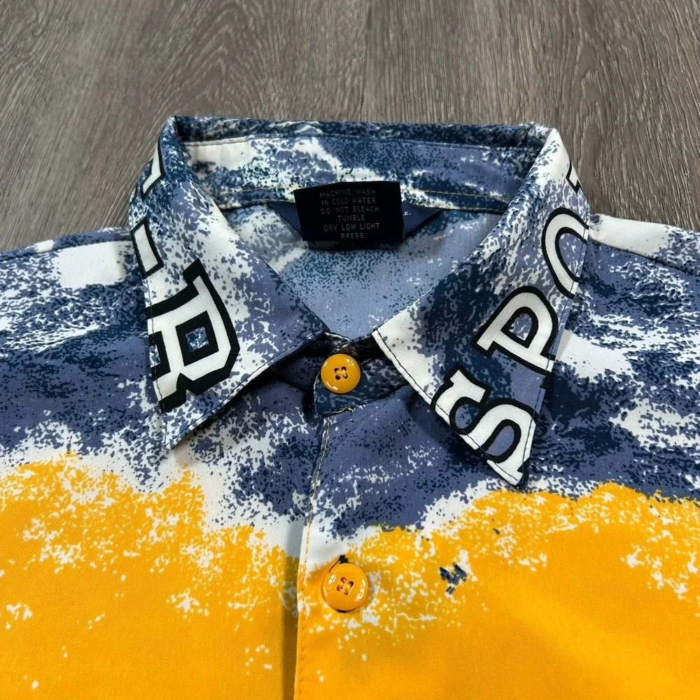 Ice Collection Button Up Shirt XXL Yellow Blue Vintage 90s Surfer Graphic Sport